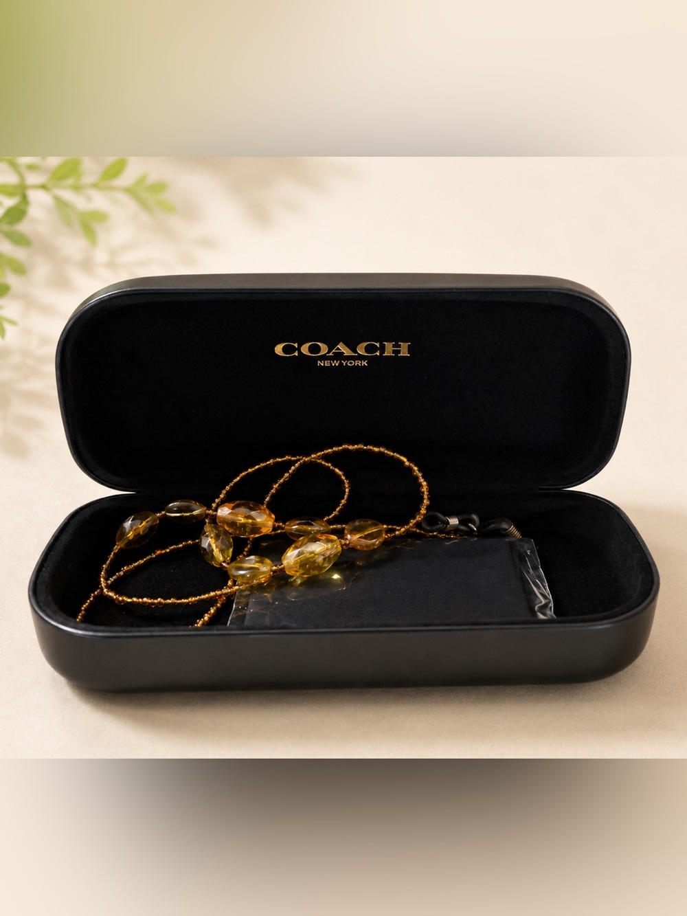 Authentic Coach eyeglass hard case W/ Cleaning Cloth & Amber Beaded GlassesChain